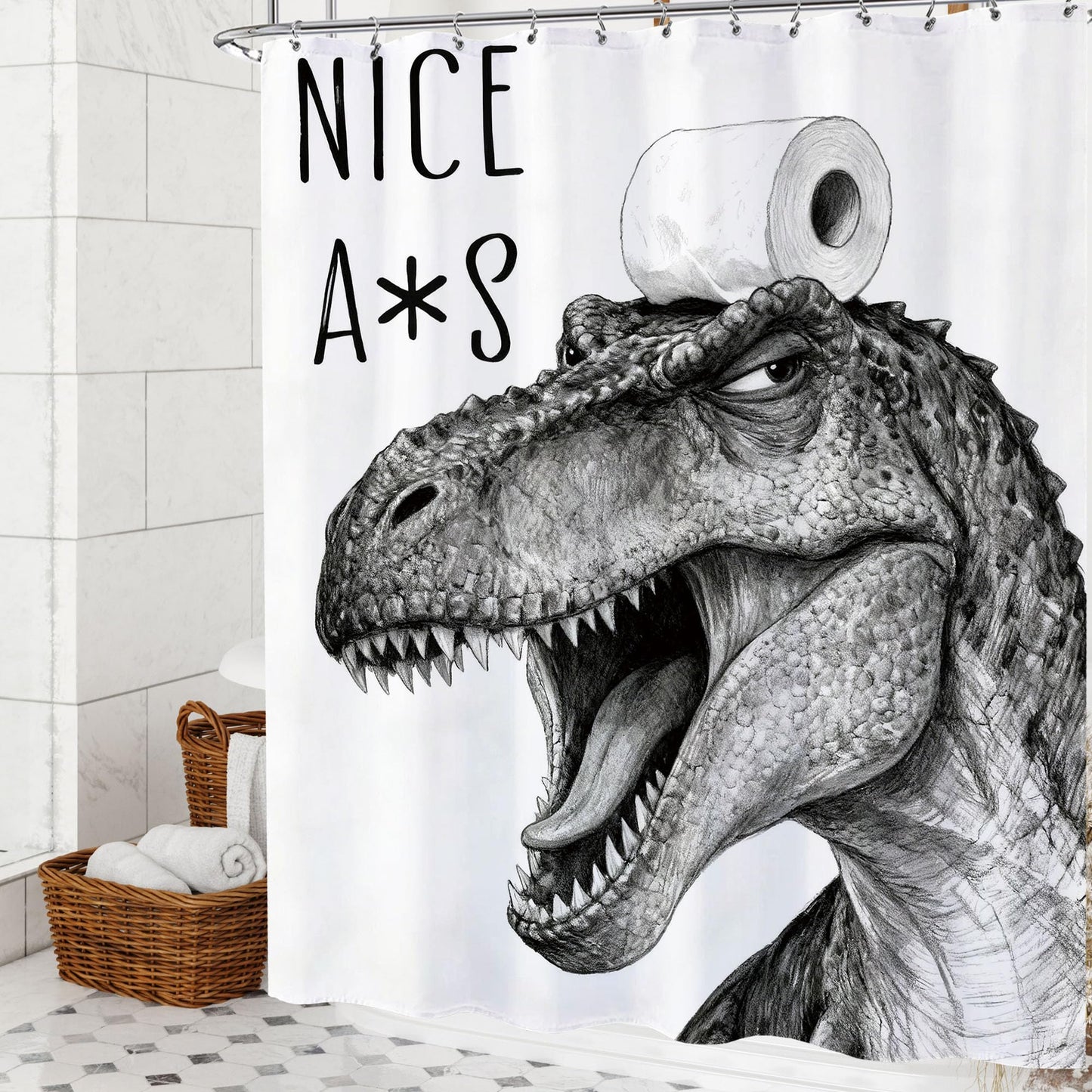 Opeoddie Funny Dinosaur Shower Curtain Black and White Fun Cute Animal Shower Curtains Set Cloth Fabric Dino Trex Raptor Whimsical Ridiculous Bathtub Curtain Teen Boys Kids Cool Bathroom Decor 60x72