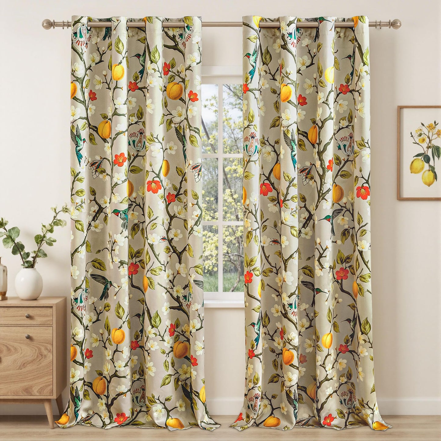 Floral Curtains 100% Blackout, Vintage Hummingbird Black Out Curtain 84 Inches Long, Patterned Thermal Insulated Window Drapes 2 Panels, Grommet Room Darkening Curtains for Living Room Bedroom, Khaki