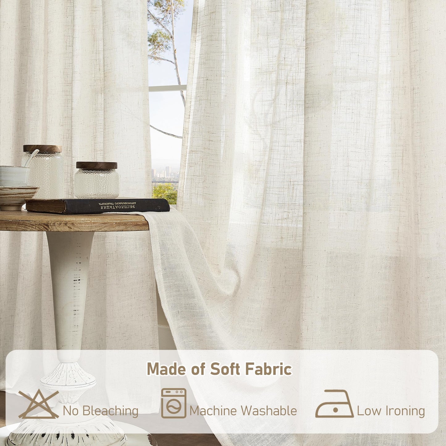 LAMIT Natural Ivory Semi Sheer Linen Curtains 84 inch Long, Cream White Light Filtering Living Room Panels Back Tab and Rod Pocket Neutral Drapes for Bedroom/Farmhouse, 2 Panels, 52 x 84 Inch