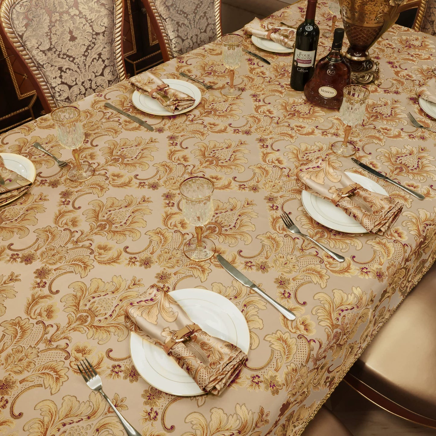 Loom and Mill Luxury Rectangle Tablecloth 60 x 120 Inches, Elegant Damask Golden Floral Table Cover with Handmade Tassels for Dining Table Banquets Decorations(Beige, 60"x120")