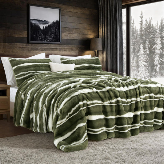 Wonderful 3 Pieces Fluffy Faux Rabbit Fur Comforter Set King Size, Dark Green Plush Fuzzy Bedding Set, Animal Stripes Design Warm Soft Comforter Bedding Set for All Season,104"x94"