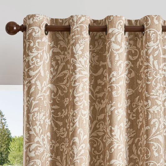jinchan Blackout Curtains for Bedroom, Warm Taupe Scroll Floral Patterned Curtains 84 Inch Length for Living Room, Farmhouse Vintage Art Deco Drapes, Thermal Insulated Window Curtains Grommet 2 Panels