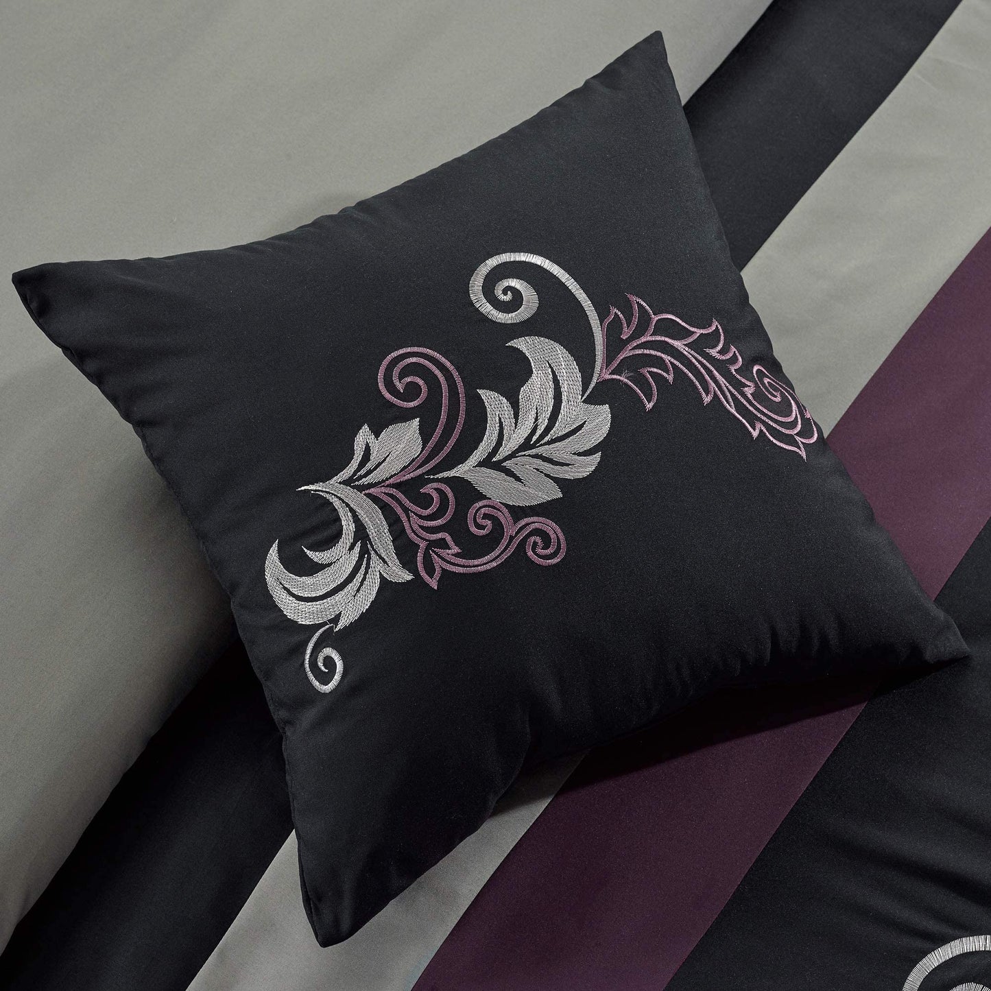 Chezmoi Collection Napa 7-Piece Luxury Leaves Scroll Embroidery Bedding Comforter Set (King, Purple/Black/Gray)