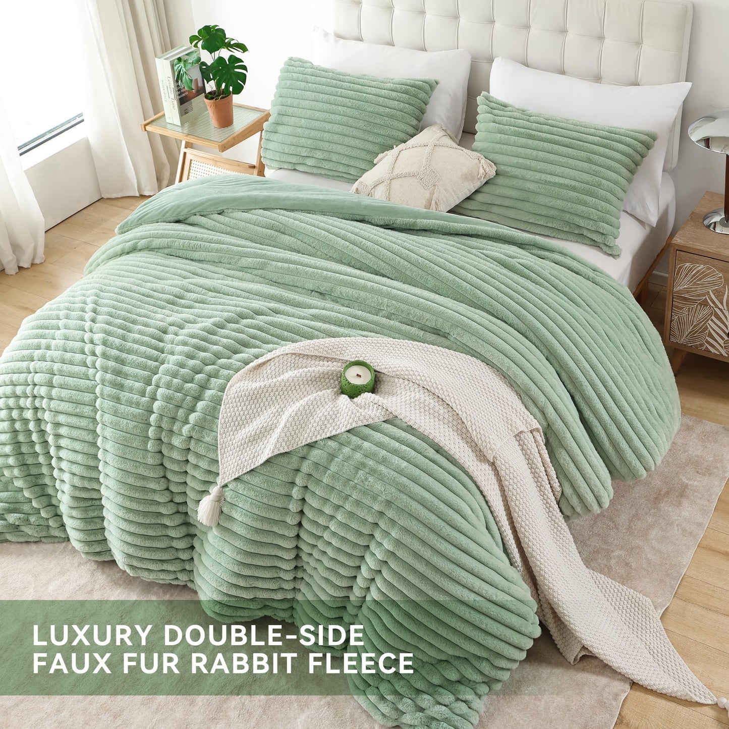 Smoofy Fluffy King Size Comforter Set 3 Pieces - Sage Green Fleece Fluffy Comforter Set, Luxury Fuzzy King Bedding Set, Soft King Bed Set All Season, Heavy Faux Fur Comforter with 2 Pillow Cases