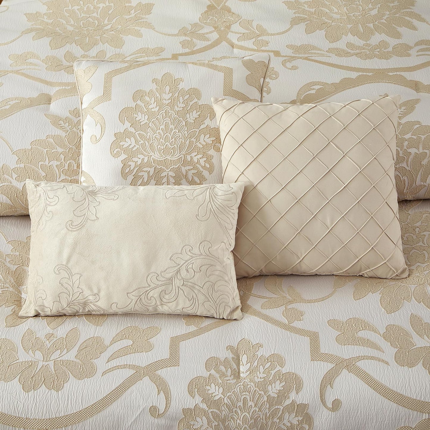 LANCO MODERN LIFESTYLE 7 Piece Gold Comforter Set, Queen, Elegant Jacquard Floral Bed in a Bag, Microfiber Bedding All Seasons with Pillow Shams, Decorative Pillows and Bed Skirt