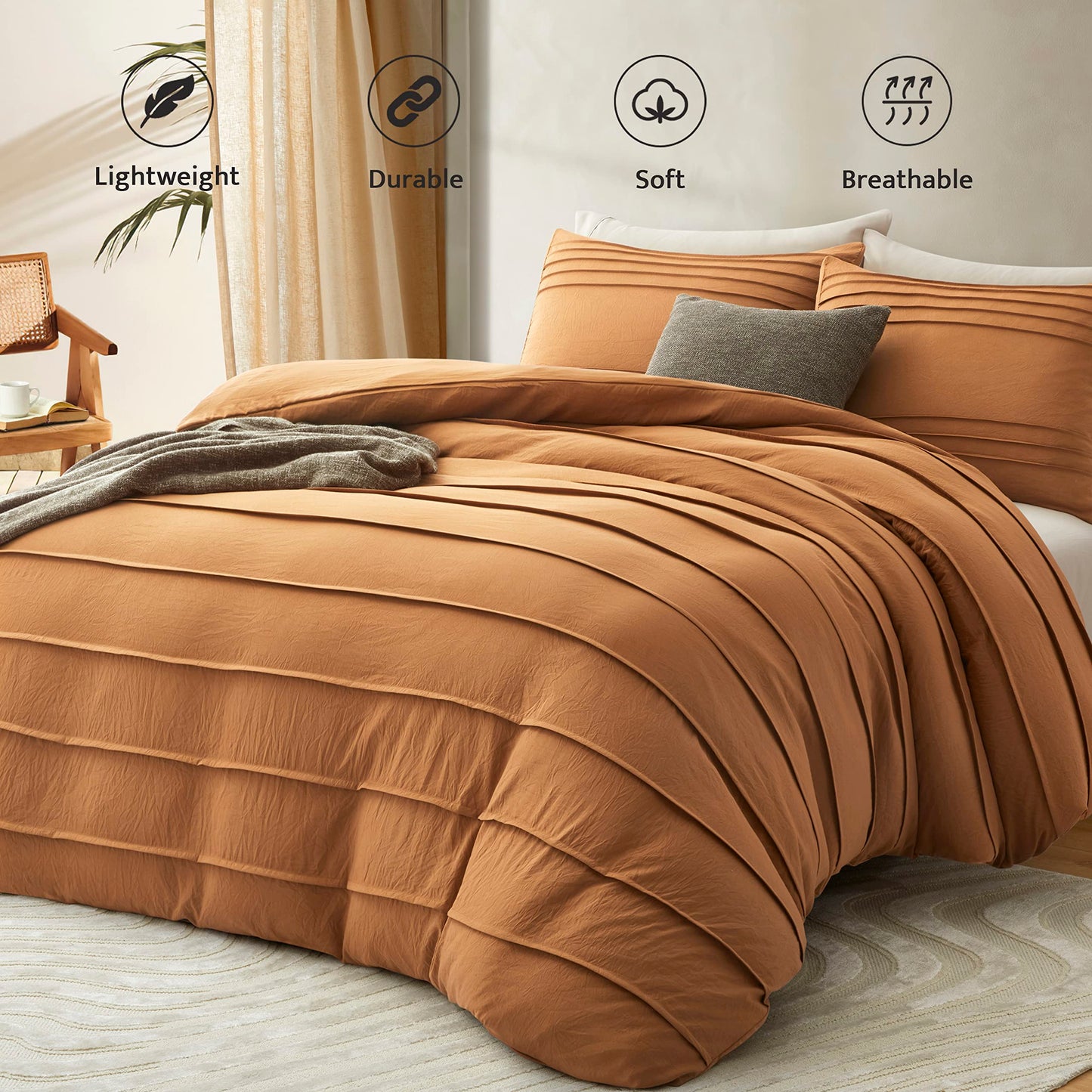 Oli Anderson Pumpkin Brown Duvet Cover Queen Size - Pleated Queen Duvet Cover, 3PCS Soft and Breathable Textured Bedding Set with Zipper Closure(Pumpkin Brown,90"x90")