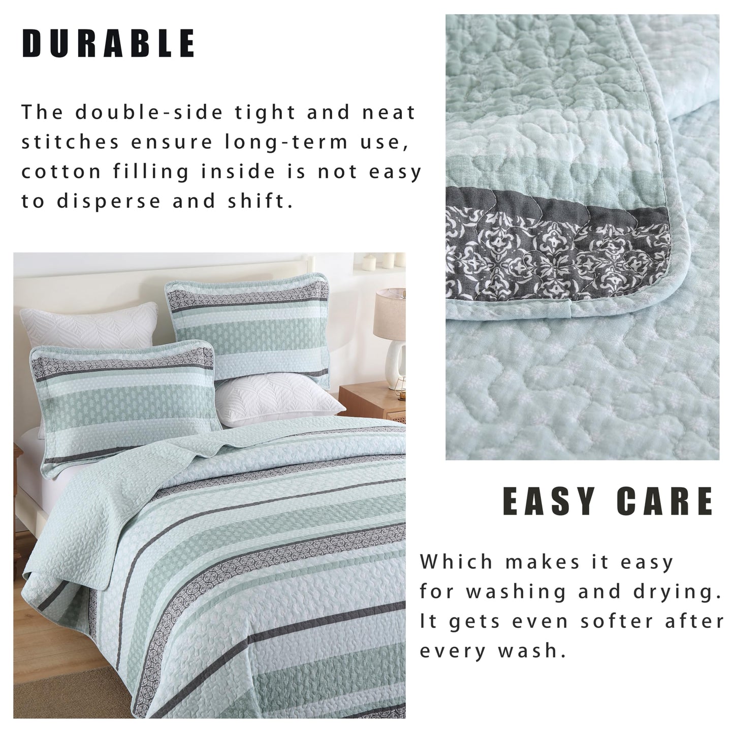 Homzard King Size Quilt,Cotton King Size Comforter Set,Mint Green Grey Bedding Set,Striped Bedspread,Lightweight Summer Comforter Sets 3 Piece