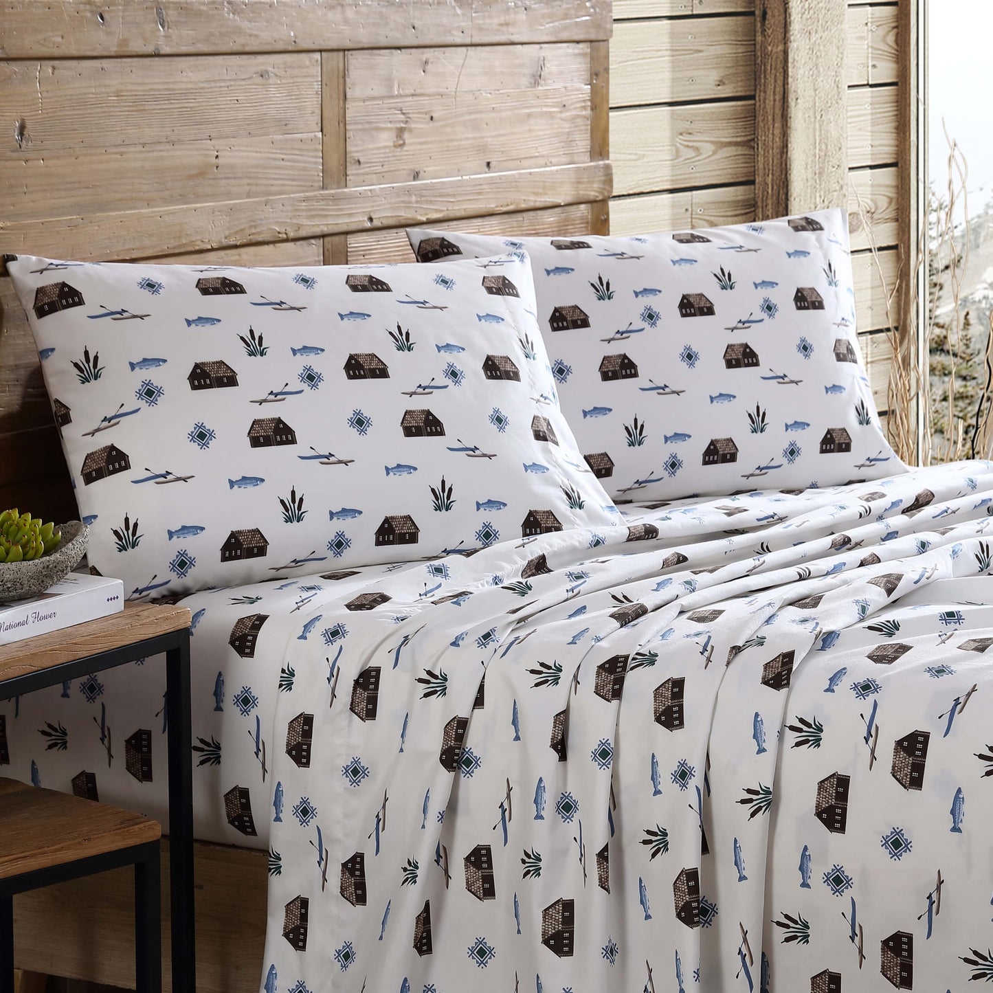 Beatrice Home Fashions Cozy Cabin 3-Piece Twin Microfiber Bedding Sheet Set with Deep Pockets Rustic Patchwork Plaid Deer, Lake Day