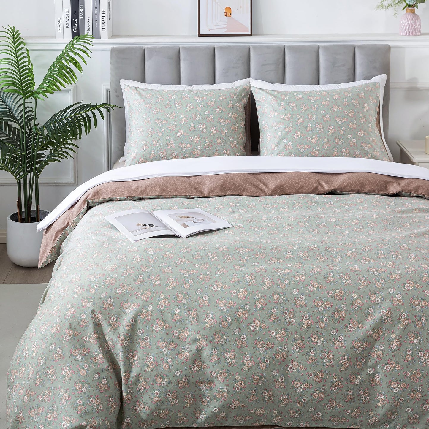 HoneiLife Wildflower Duvet Cover King - 100% Cotton Comforter Cover Sets, Floral Duvet Cover Sets, Botanical Bedlinen Set with Zipper Closure & Corner Ties