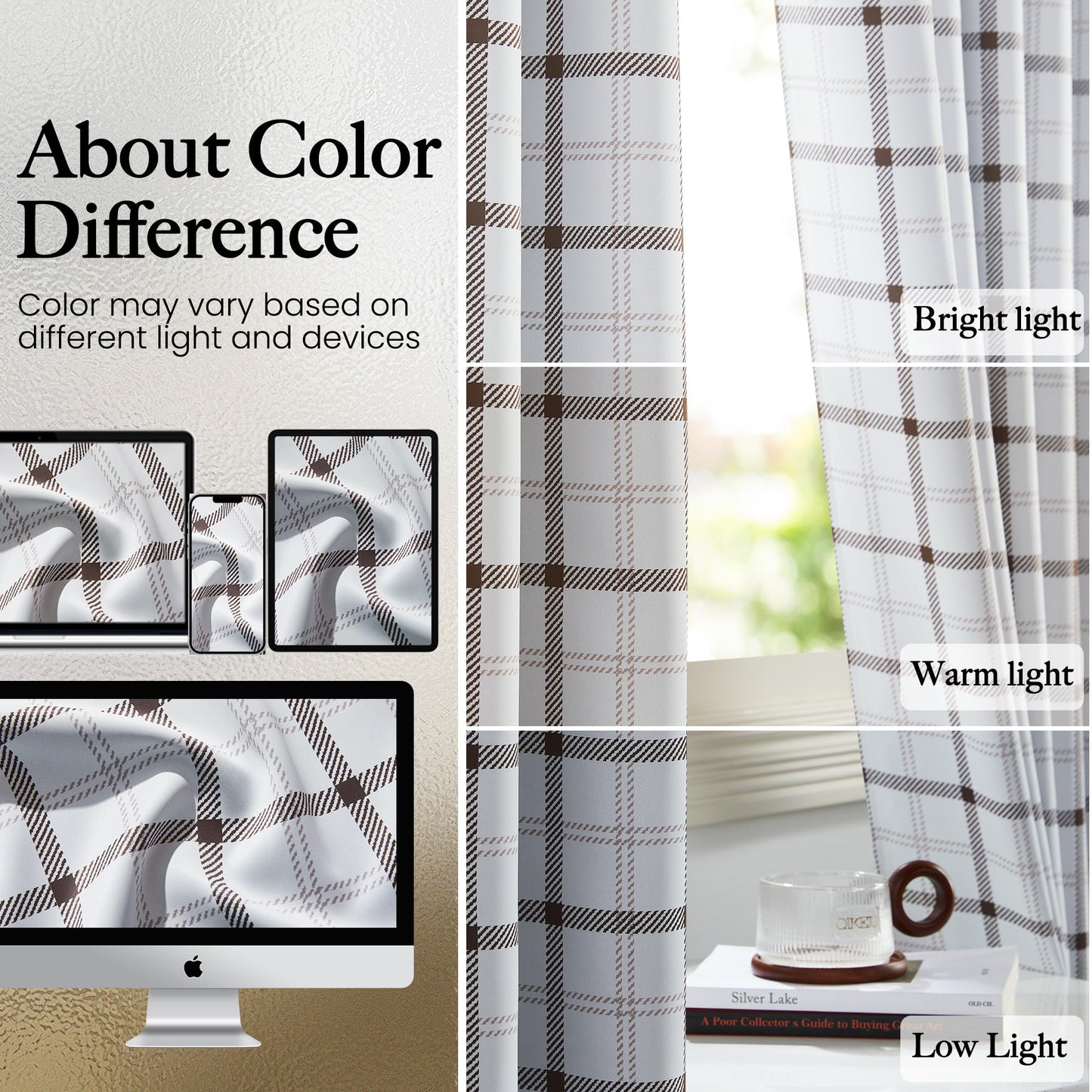 NICETOWN White Buffalo Windowpane Plaid Cafe 100% Blackout Curtains 36 Inch Length, Farmhouse Rustic Checkered Half Window Tier Curtain for Kitchen Bathroom, 26" W x 36" L, 2 Panels