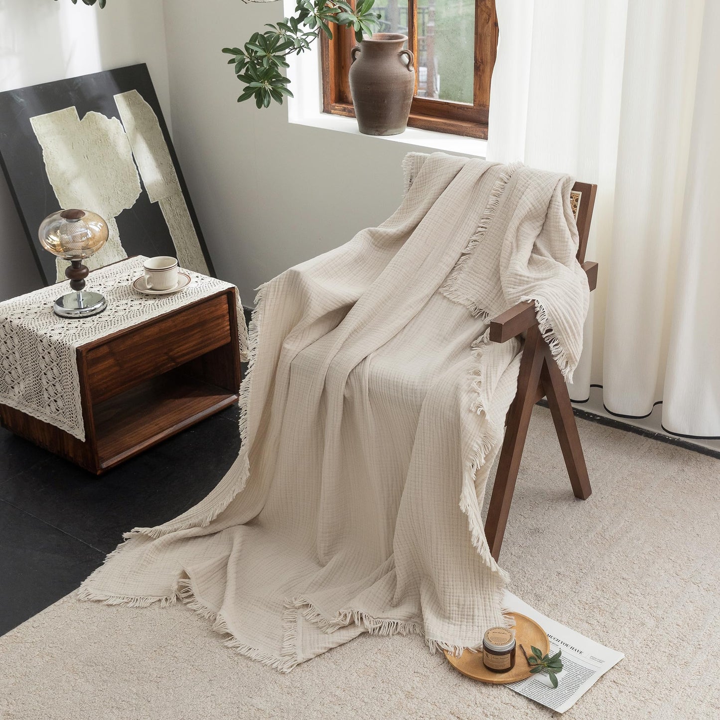 FOSSA Muslin Blanket with Fringe - 4-Layer 100% Cotton Gauze Super Soft & Breathable Throw -Lightweight Decorative Cooling Blanket for Bed, Sofa, Office (Beige, Throw (60" × 50"))