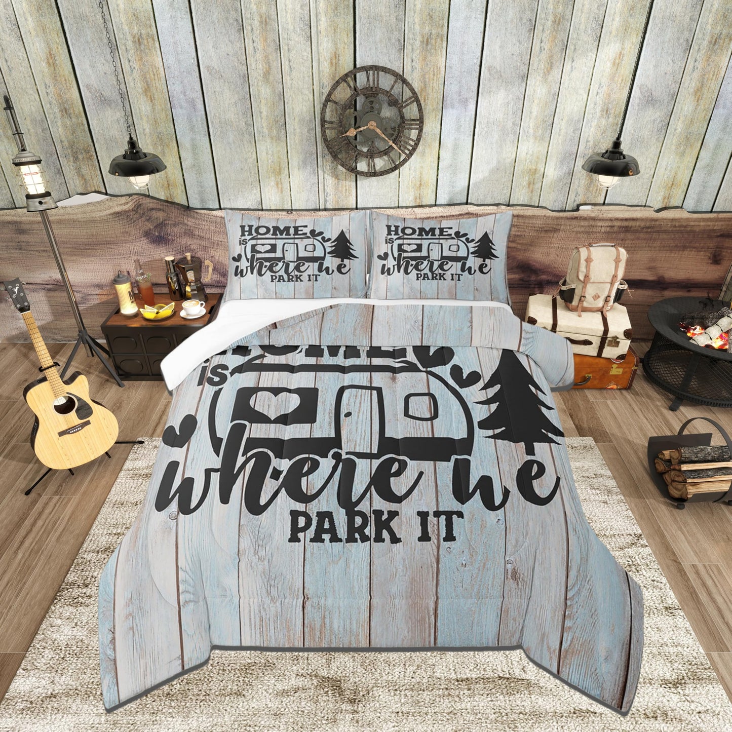 Farmhouse Rustic Camping Queen Size Comforter Set,Funny Home Where We Park It Bedding Set with 2 Pillowcases,Explore Camper Gifts RV Life Breathable Durable Inner Fill Polyester Bedspread
