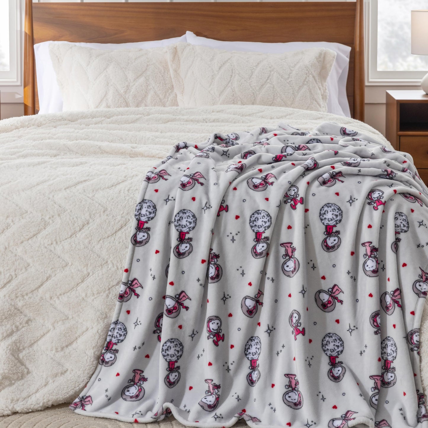 Berkshire Peanuts® VelvetLoft® Cute Character Snoopy Plush Throw Blanket,Over the Moon for You Light Grey,Throw 55 in x 70 in (Official Peanuts® Product)