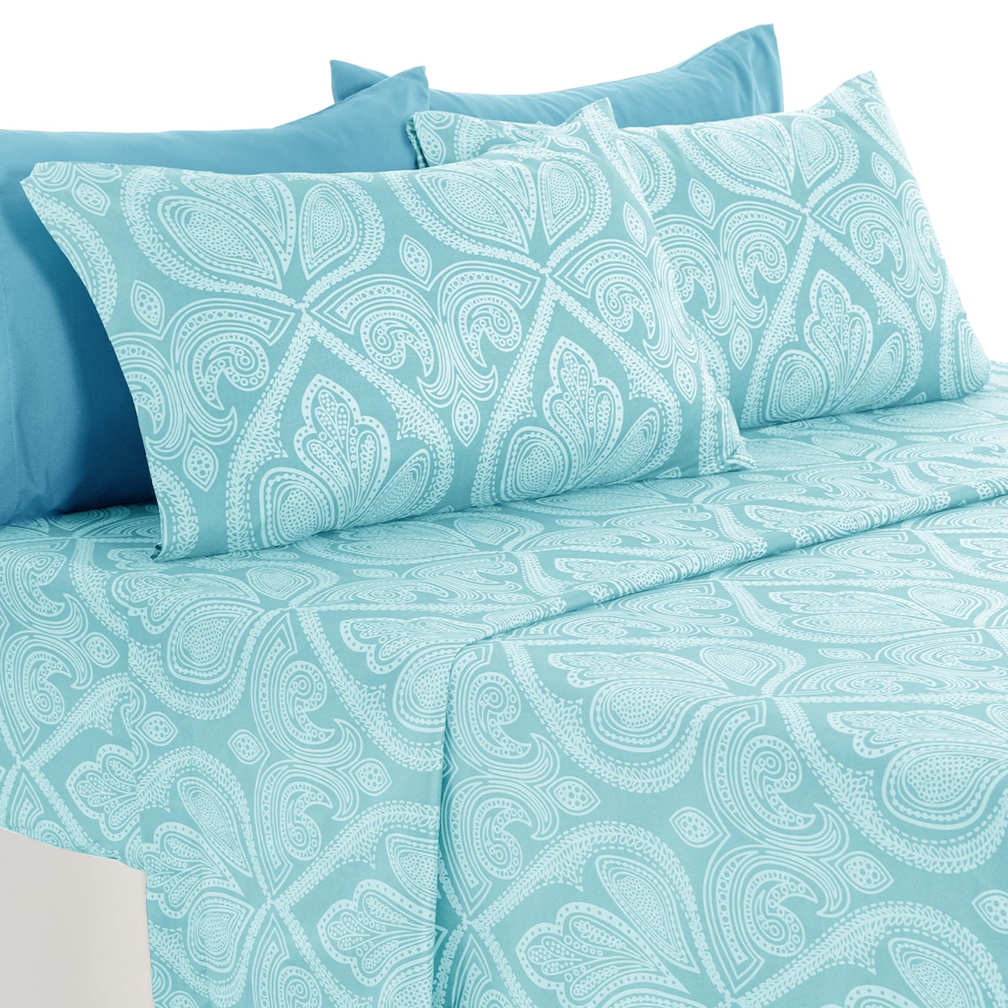 Ultra Soft Wrinkle-Free Microfiber Paisley King Sheet Set, Cute Floral Pattern Boho Print – 16" Deep Pocket Fitted Sheet, Flat Sheet & 4 Pillowcases, Breathable, OEKO-TEX - Blue
