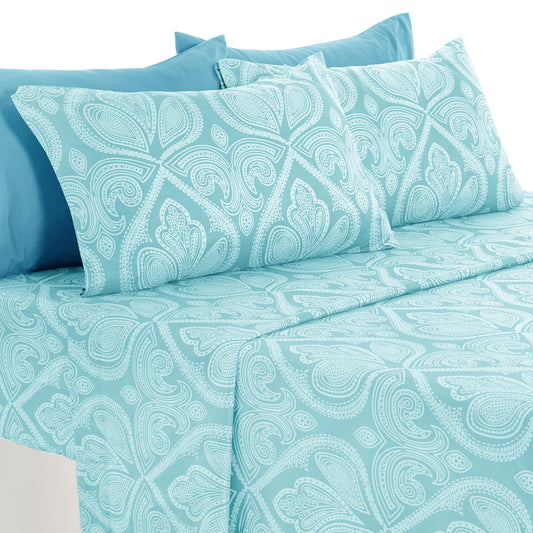 Ultra Soft Wrinkle-Free Microfiber Paisley King Sheet Set, Cute Floral Pattern Boho Print – 16" Deep Pocket Fitted Sheet, Flat Sheet & 4 Pillowcases, Breathable, OEKO-TEX - Blue