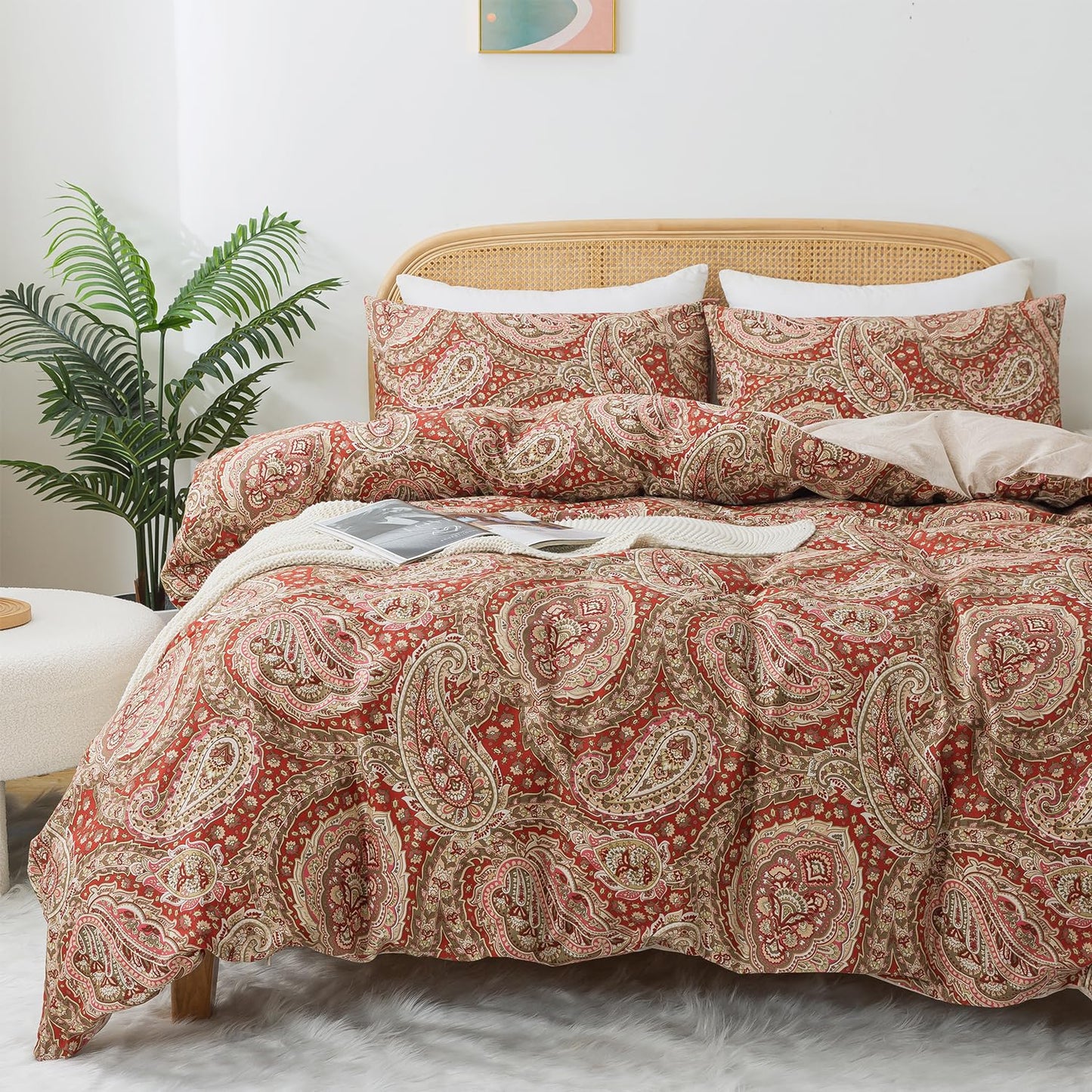 Zusbest Burgundy Duvet Cover Set Queen Size 100% Percale Cotton Red Beige Paisley Comforter Cover Toile Printed Bedding Luxury Crisp Soft Reversible Floral Bedding 3Pcs, Queen