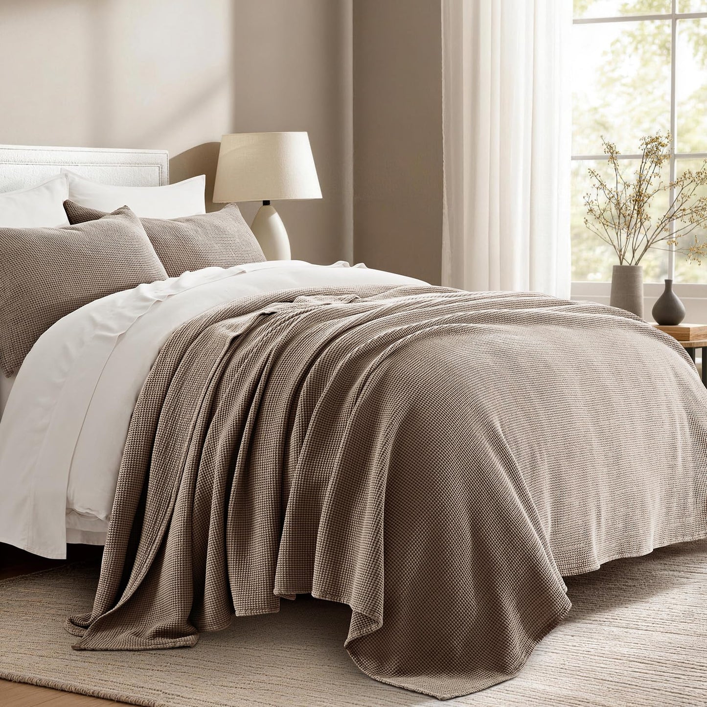 EverGrace 100% Cotton Waffle Bed Blanket King Size, Soft Premium Cotton Coverlet Set with 2 Matching Shams, Lightweight All Season Bedding Set, Oversized Bedspread 108x96, Truffle Taupe Brown