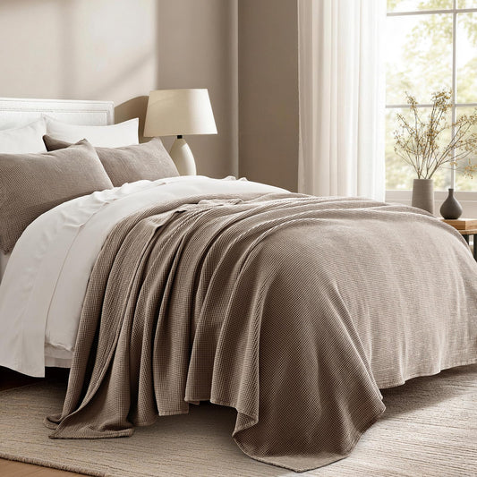 EverGrace 100% Cotton Waffle Bed Blanket King Size, Soft Premium Cotton Coverlet Set with 2 Matching Shams, Lightweight All Season Bedding Set, Oversized Bedspread 108x96, Truffle Taupe Brown