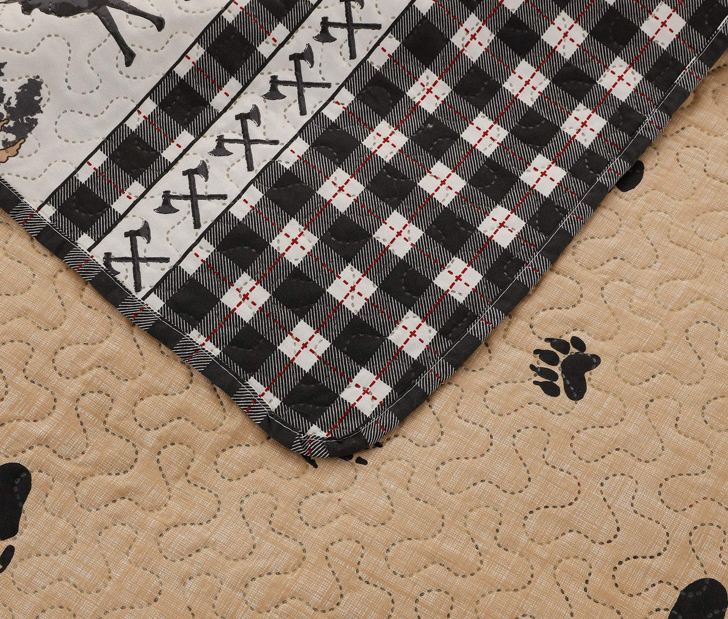 Rustic Quilt Bedding Set Queen Size Bedspread Coverlet Country Quilts Lodge Cabin Bedding Black White Buffalo Plaid Quilts Forest Elk Moose Lightweight Reversible Quilt Bed Spread with 2 Pillow Shams