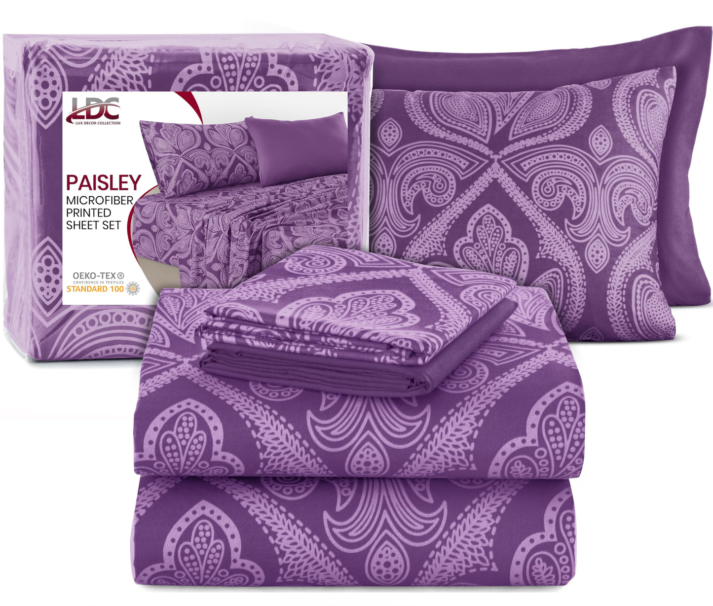 Ultra Soft Wrinkle-Free Microfiber Paisley King Sheet Set, Cute Floral Pattern Boho Print – 16" Deep Pocket Fitted Sheet, Flat Sheet & 4 Pillowcases, Breathable, OEKO-TEX - Purple