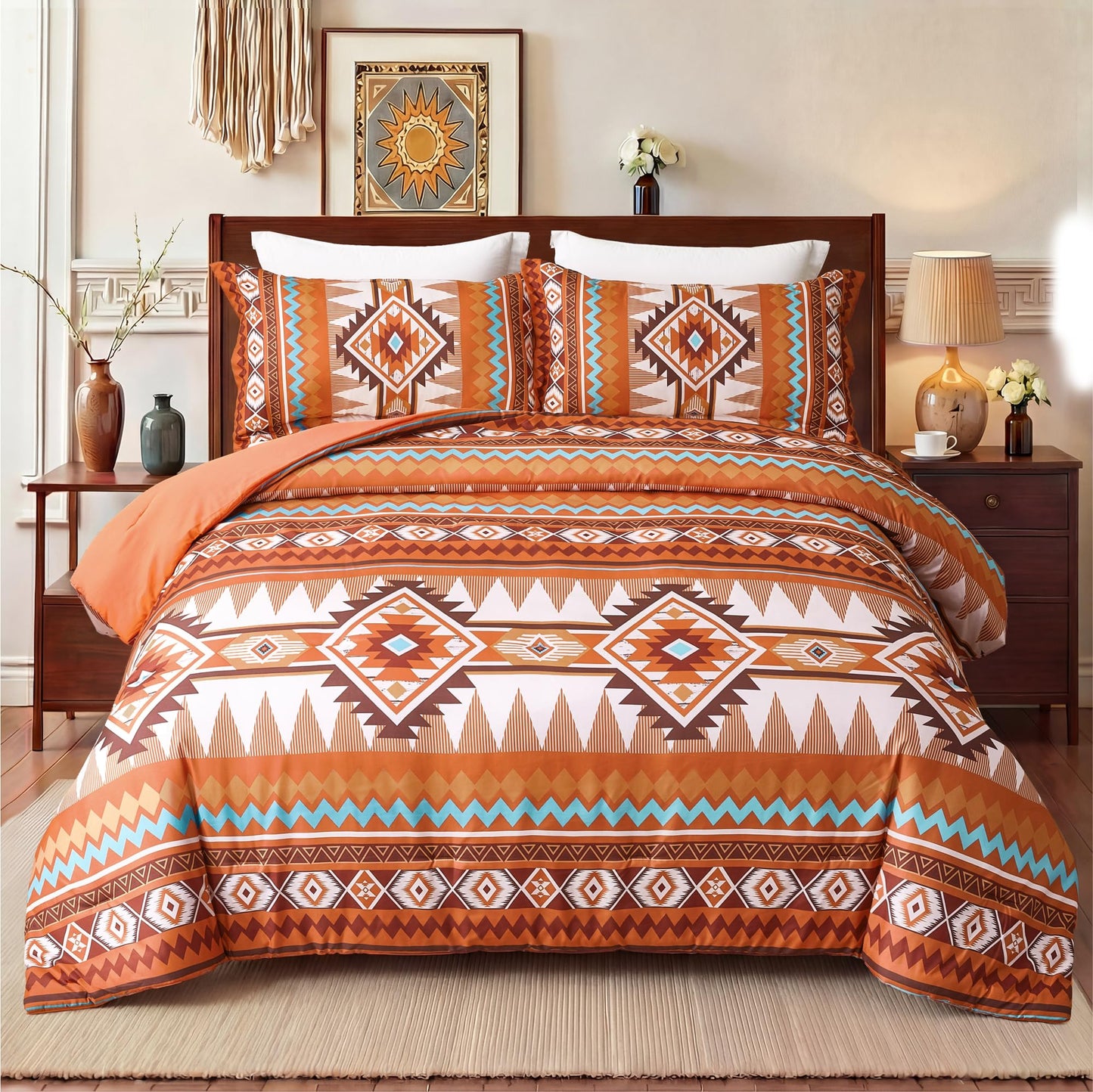 Tyrot Burnt Orange King Size Comforter Set – 3 Piece Boho Aztec Western Bedding Sets, Soft Lightweight Comforter for All Seasons, Southwestern Style, 1 Comforter & 2 Pillow Shams