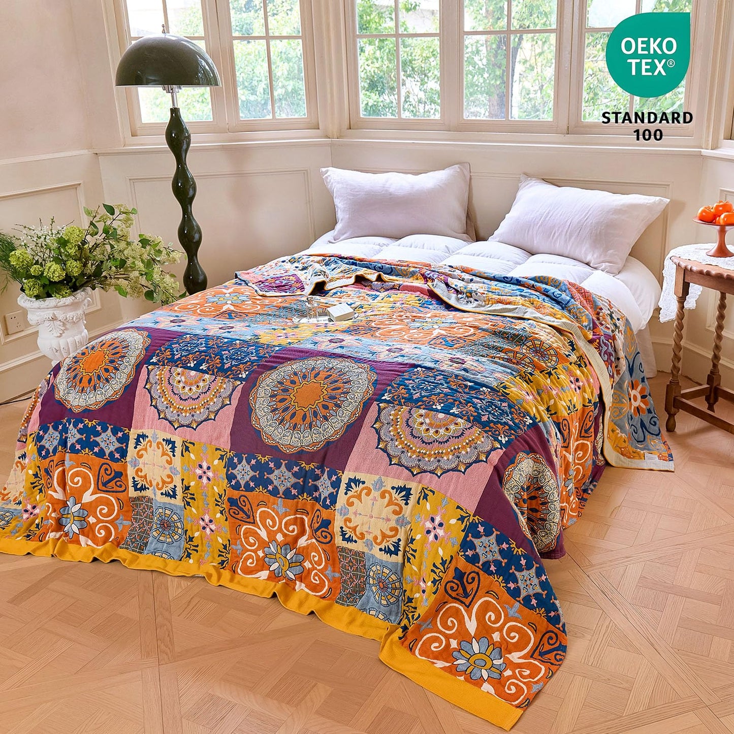 MSGKV Boho Throw Blanket for Bed 60"x80" 100% Cotton Couch Blanket Summer Breathable Lightweight Twin Size Blankets Home Decor Muslin All Seasons