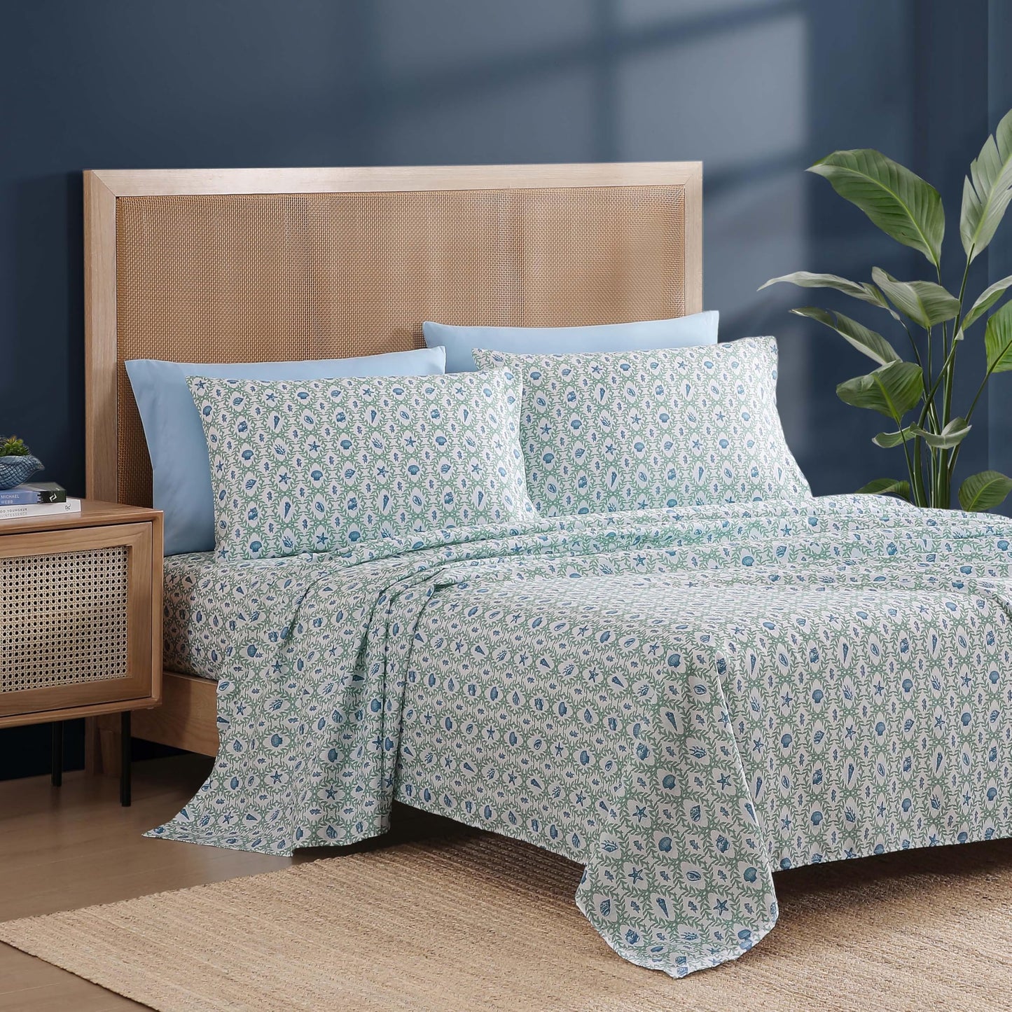 Caribbean Joe 6-Piece Sheet Set with Cooling Pillowcases, 12-inch Deep Pockets, Tropical Beach Coastal Design, Queen, Seaweed Trellis