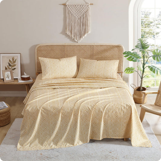 Indigo Ink Queen Size 4-Piece Sheet Set - Fitted & Flat Sheets & Pillowcases, Medium Weight, Soft & Breathable, Durable & Wrinkle Resistant, Deep Pocket Sheets, Tribal Jade Collection, Yellow