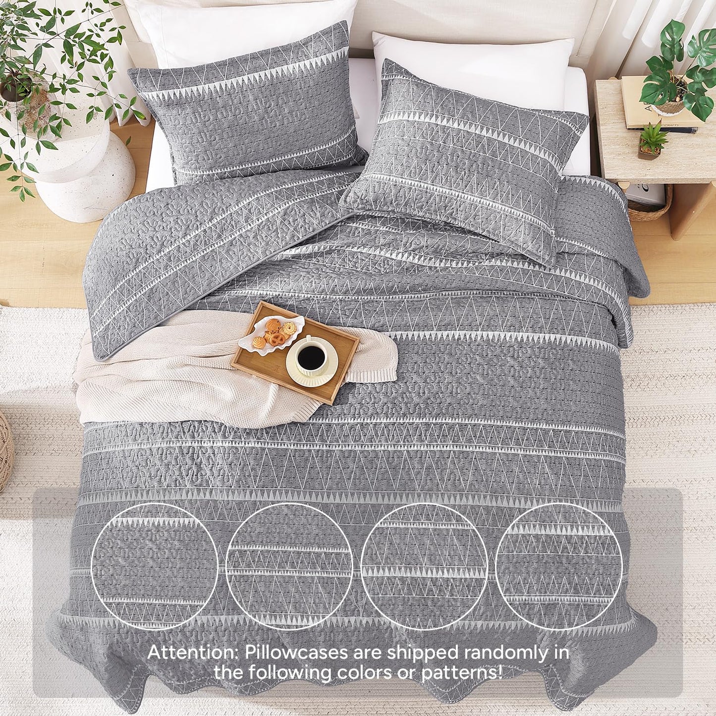 Andency California King Quilt Set Grey, 3 Pieces Boho Lightweight Soft Striped Cal King Bedspread for All Season (112"x104"), Gray Printed Bohemian Polyester Reversible Coverlet Comforter Sets