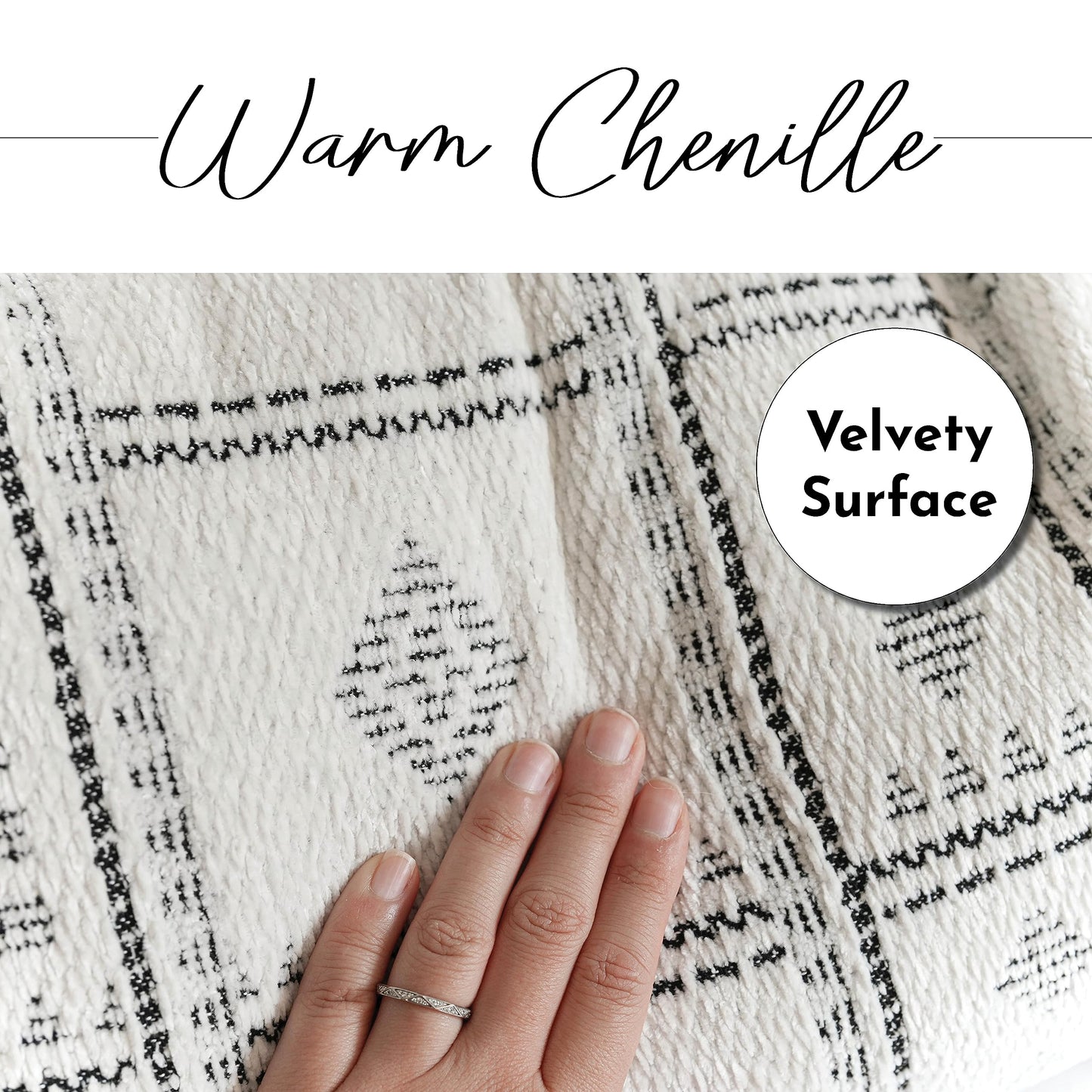BlissBlush White Black Boho Throw Blanket, Warm Soft Comfy Chenille 55x65, Textured Dual Sided Reversible Blanket for Couch Bed, Skin Friendly