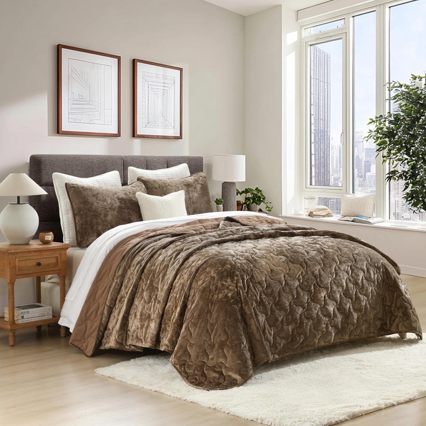 Homzard Luxury Velvet Quilt Set Queen Size Bedding, Mocha Brown Comforter Set, Ultra-Soft Striped Channel Stitch All Season Comforter, Thermal Bedspread Coverlet with 2 Pillow Shams