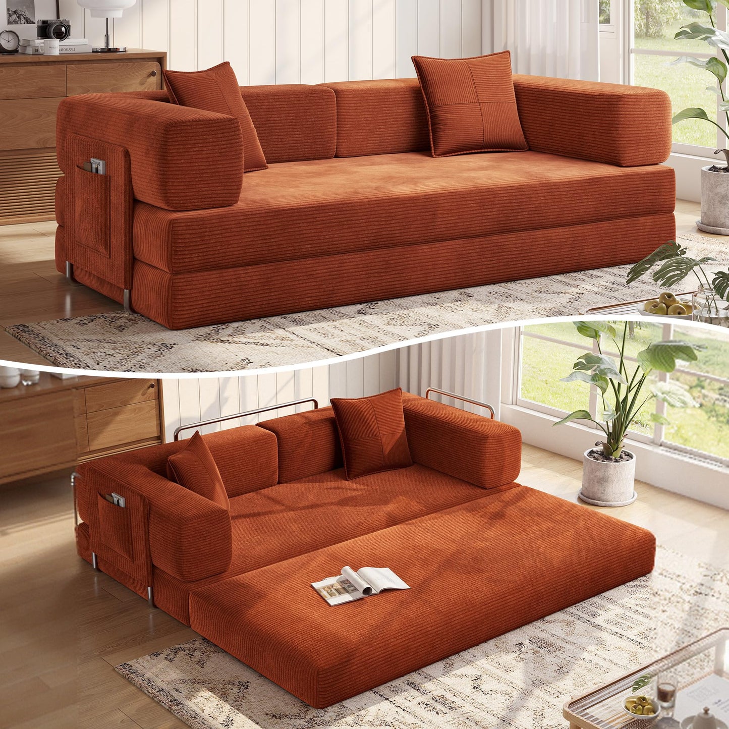 MoonSpeak 78.8''Sleeper Couch Bed for Livingroom，Convertible Modular Sofa with Armrest Pillow，Modular Fldable Corduroy Couches in a Box,No Assembly (Rust Red)