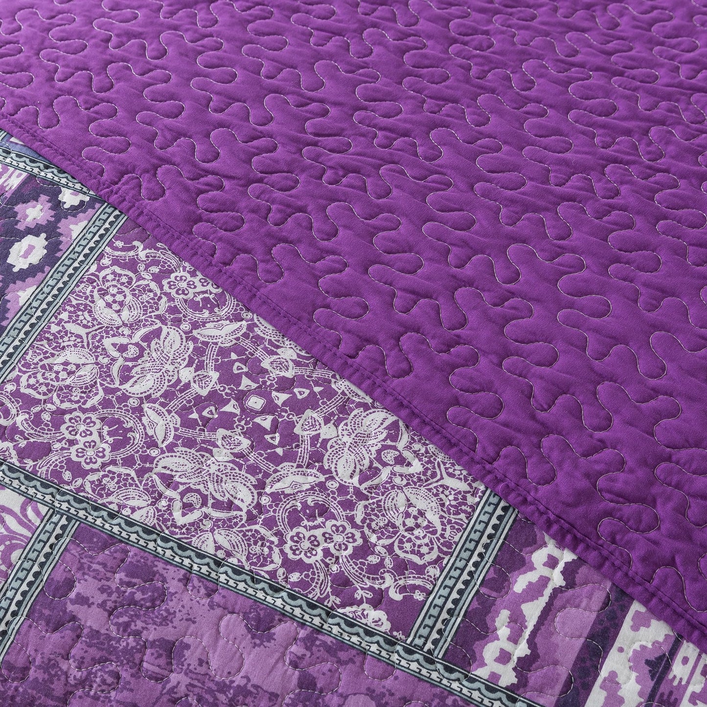 Etwel Cotton Patchwork Queen Size Quilt Set - Lightweight Breathable Reversible Bedspread for Hot Sleepers, Farmhouse Floral Bedding Set with 2 Pillow Shams for All Season (90"x98", Purple)