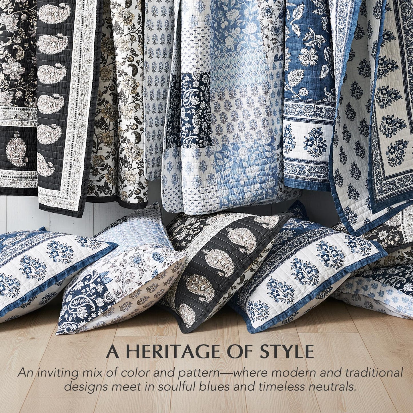 EverGrace Cotton Quilt Set King Size,100% Cotton Reversible Lightweight Bedspread Coverlet, Printed Patchwork Farmhouse Bedding, Traditional Block Print Quilt with 2 Pillow Shams,Coastal Blue 110"×92"