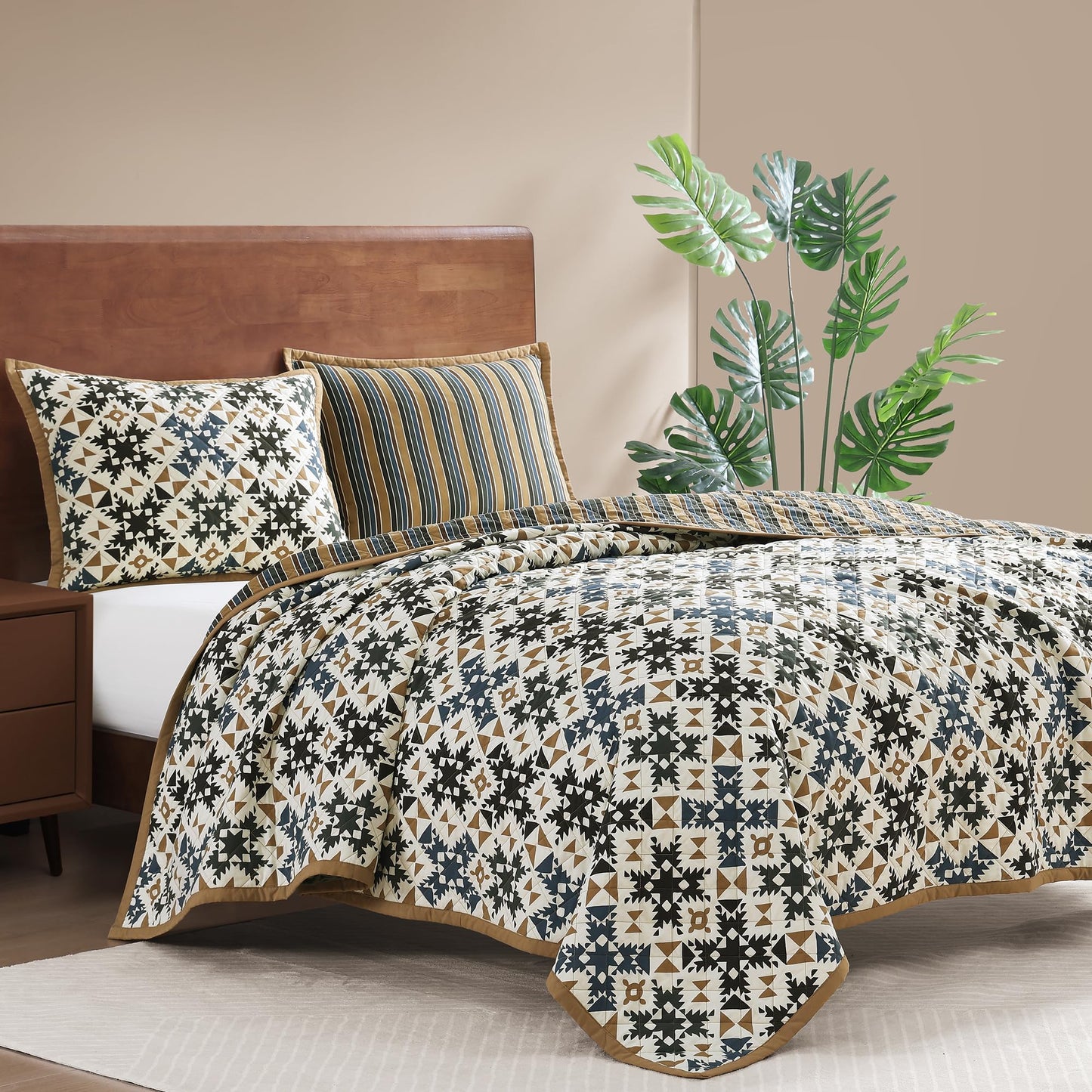 Indigo Hill by HiEnd Accents Mosaic Western Bedding 3 Piece Full Queen Quilt Set, Hourglass Pattern Southwest Cabin Rustic Bedding, Reversible Geometric Print Boho Patchwork Quilt with Pillow Shams