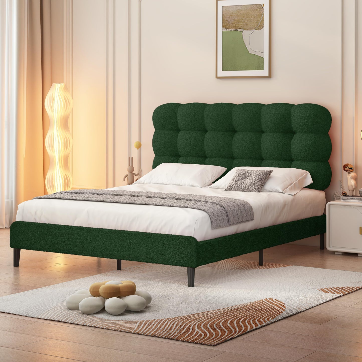 BarnFurin Queen Bed Frame with Upholstered Headboard, Soft Boucle Fabric, Platform Bed with Strong Wooden Slats Support, Two Bed Forms Design, No Boxing Spring Needed, Easy Assembly, Green