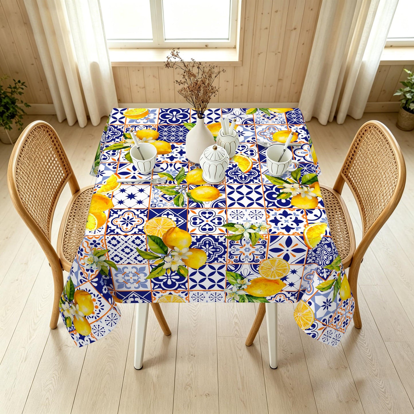 Yighty Square Lemon Tablecloth 70x70 Inch,French Lemon Blossom Spring Summer Tablecloth, Waterproof Wrinkle-Resistant Washable Rectangular Tablecloth for Picnics, Party, Camping and BBQ