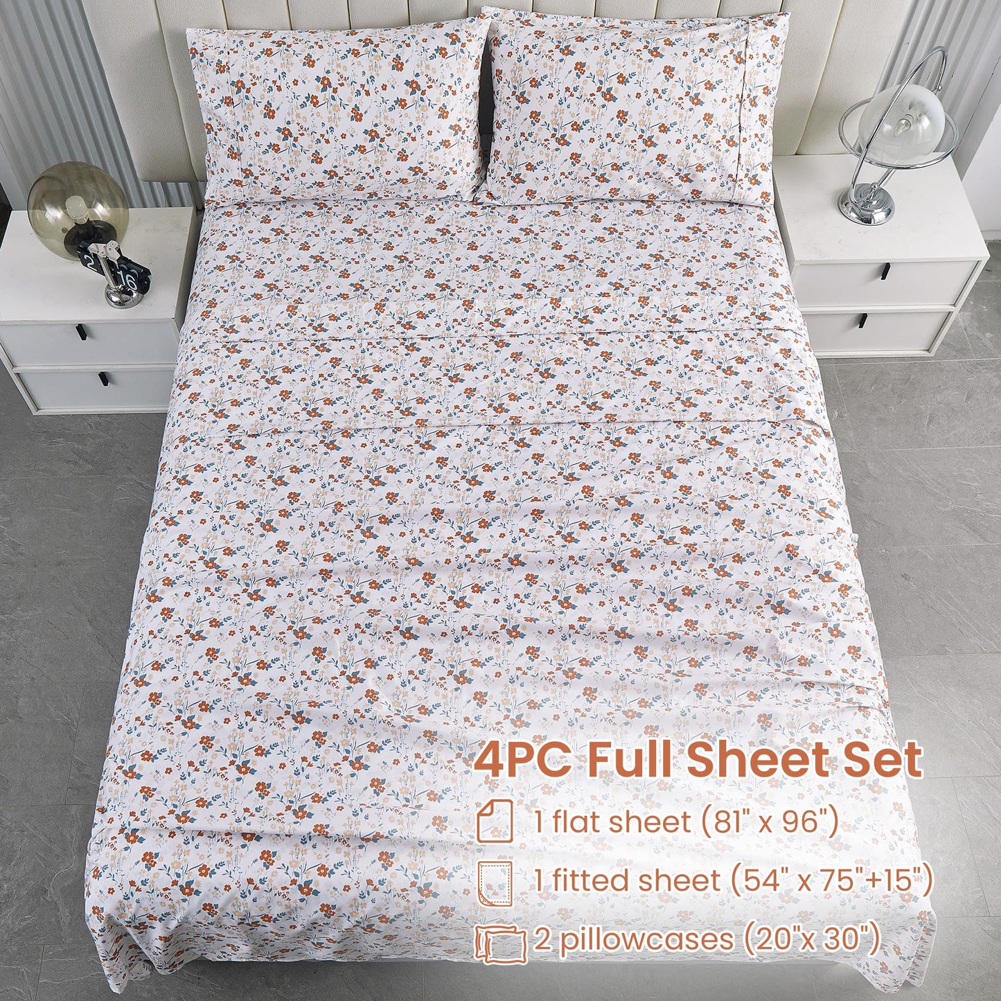 Softan Floral Full Sheet Set, Orange Flower Printed Bed Sheets - 4 Piece Soft Microfiber Patterned Fitted Sheets with 15" Deep Pocket & Non-Slip Straps, Cute Flower Sheets & Pillowcase Set