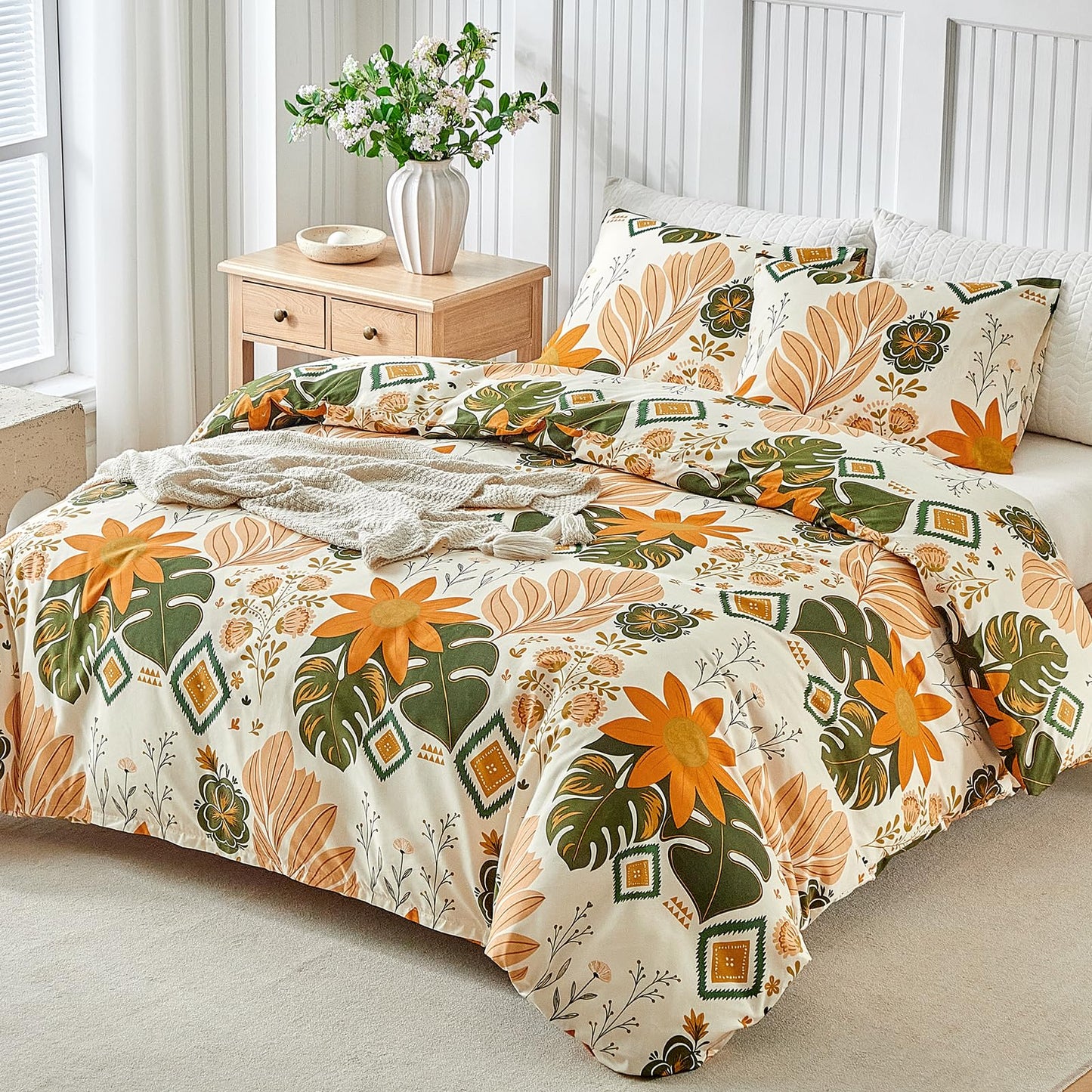 Lekesky King Size Reversible Duvet Cover, Duvet Cover King Size 3 Piece Baroque Microfiber Botanical Bedding Set with Zipper Closure Corner Ties