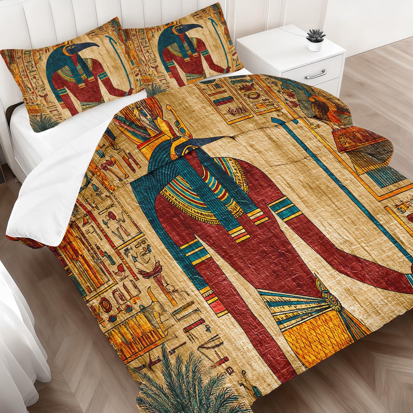 Gold Egypt Comforter Set King Size, Boho Exotic Print Bedding 3 Pieces, Soft Fluffy Lightweight Microfiber with 1 Comforter and 2 Pillow Shams for All Season, Cozy Bed Set for Bedroom
