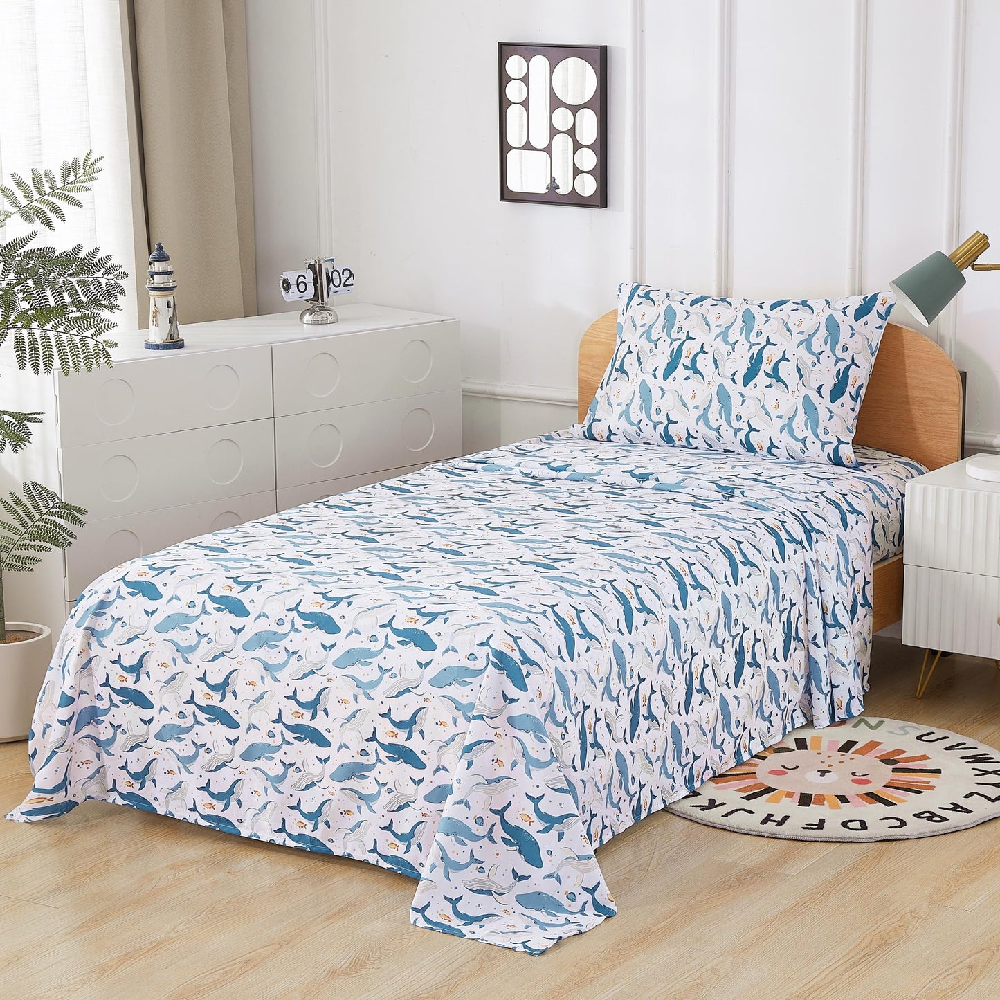 lasoftan Kids Sheet Set Twin Size, Twin Sheet Set with Marine Whales Pattern，Breathable Silky Soft Microfiber Kids Fitted Sheet