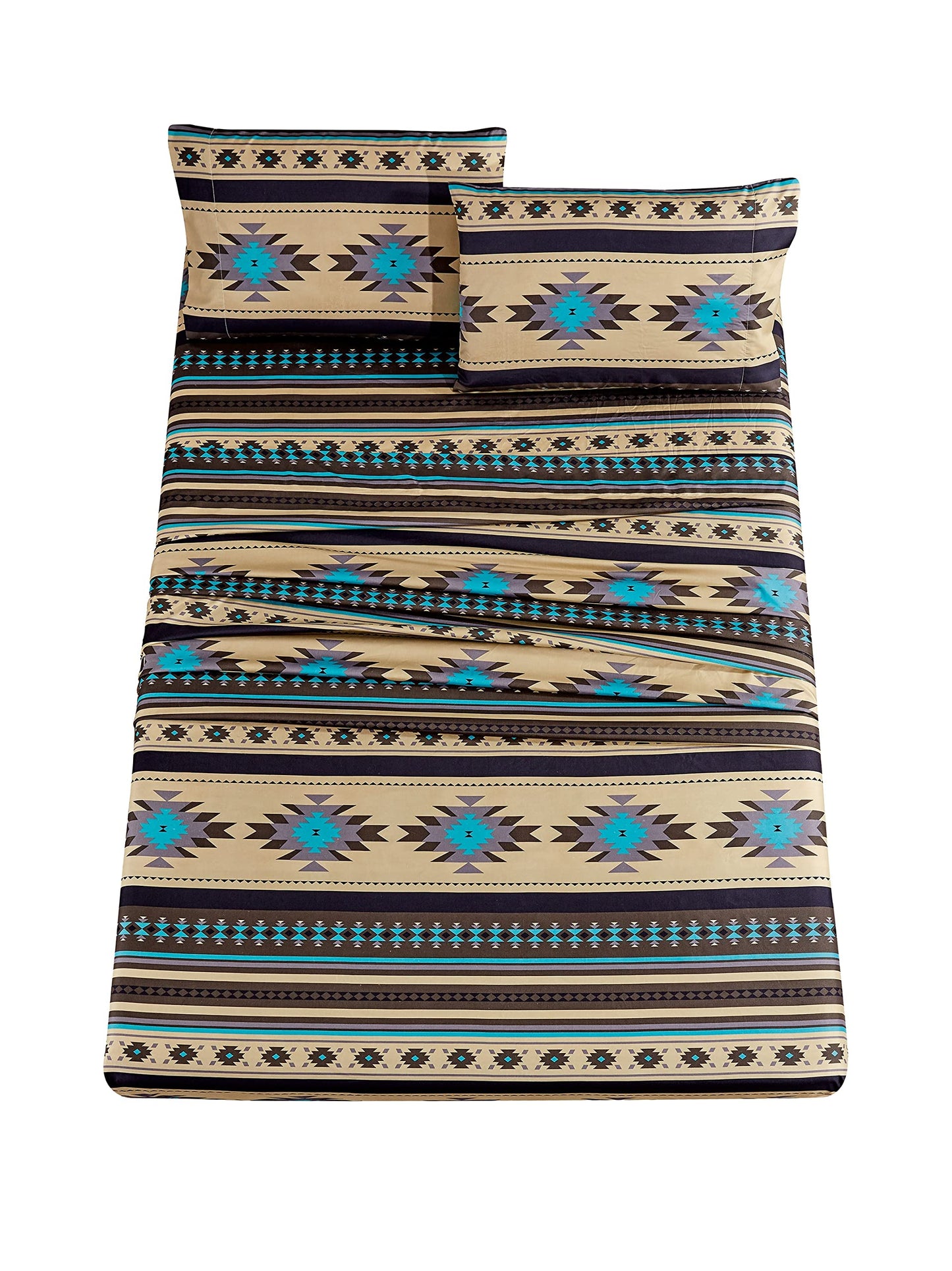 Chezmoi Collection Prescott 3-Piece Southwestern Microfiber Sheet Set, Printed Geometric Tribal Multicolor Teal Beige Black Gray Bed Sheets, Twin XL Size