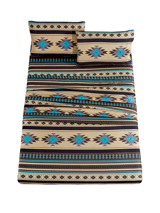 Chezmoi Collection Prescott 3-Piece Southwestern Microfiber Sheet Set, Printed Geometric Tribal Multicolor Teal Beige Black Gray Bed Sheets, Twin XL Size