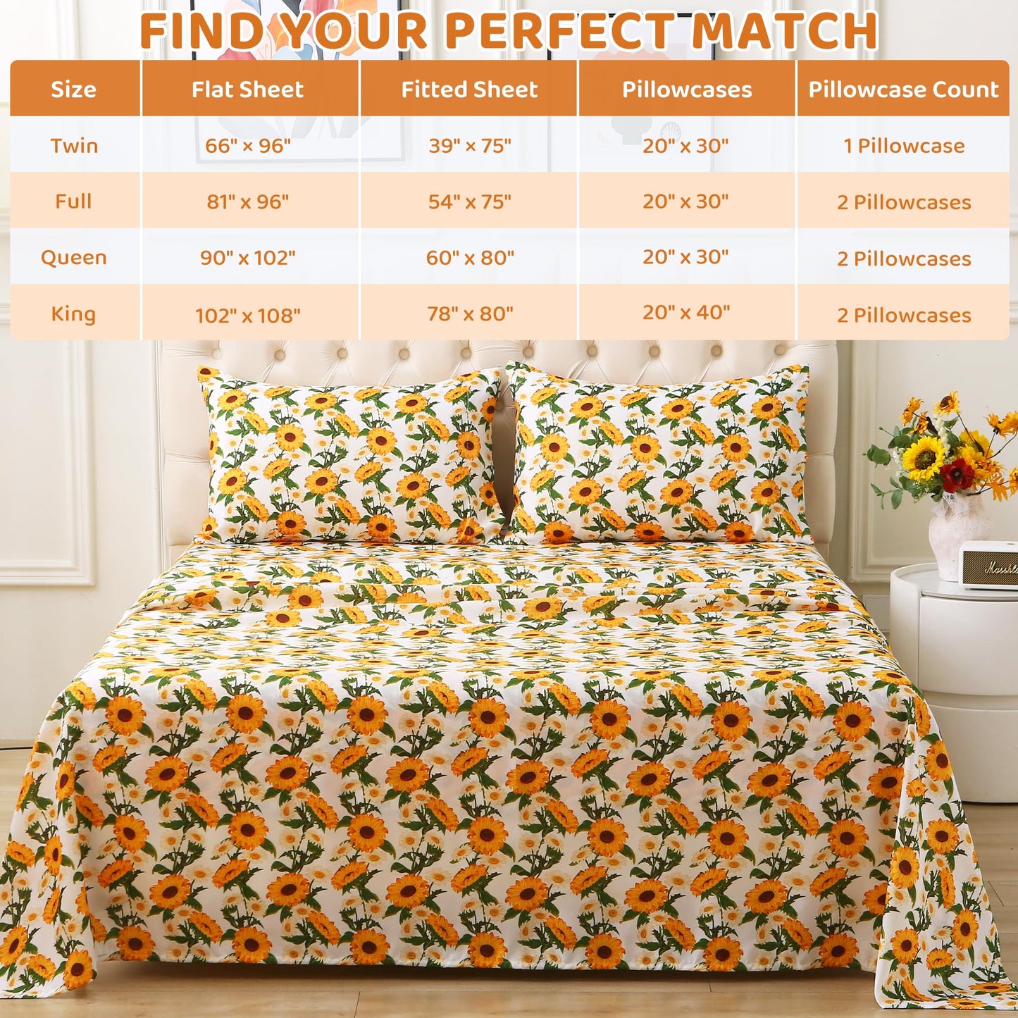Mooreeke Cozy Vintage Microfiber Printed Floral Full Sheet Set - Soft & Breathable Yellow Sunflower Bed Sheets with Extra Deep Pocket - Non-Slip Fitted Design - Sunflower Pattern - Full