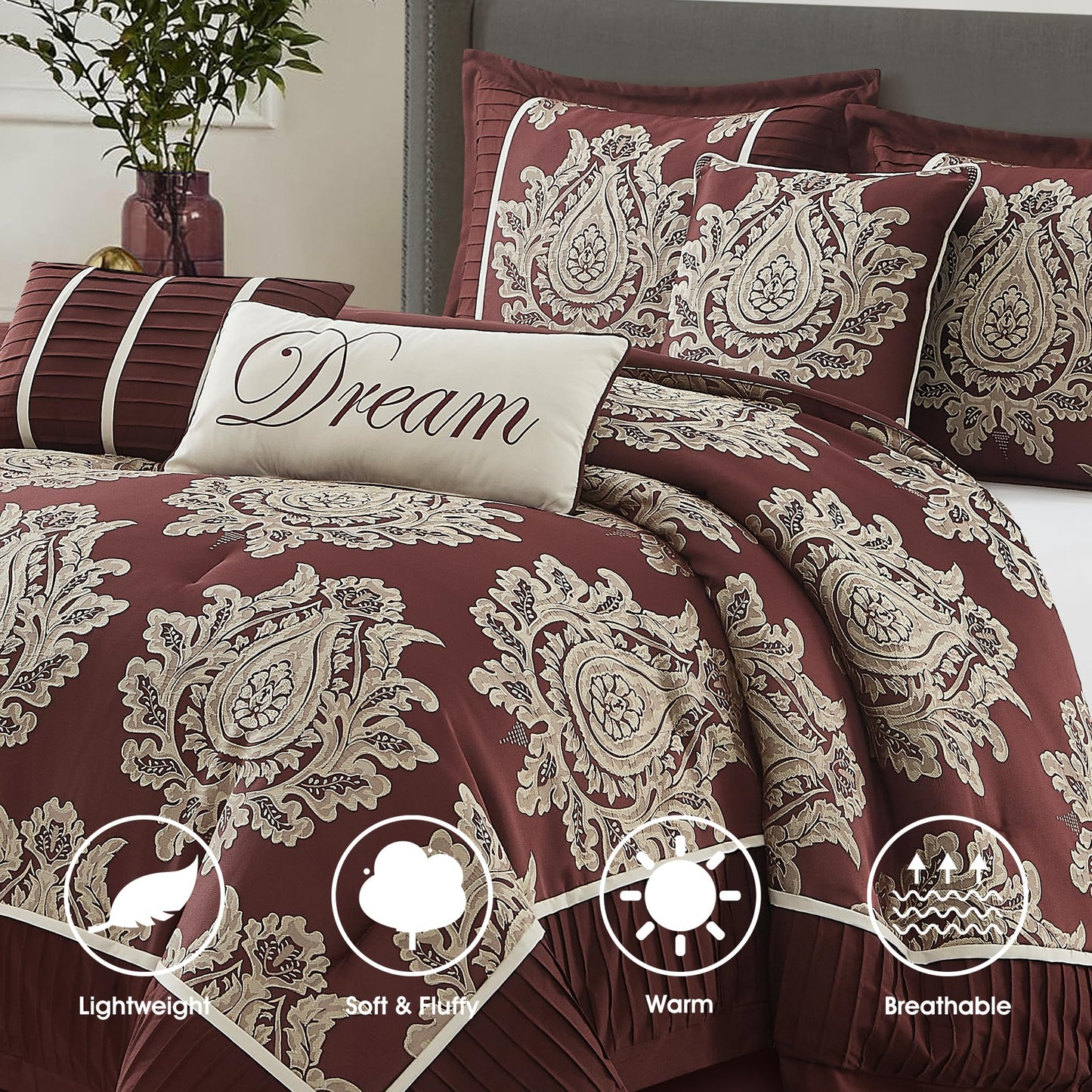 LANCO MODERN LIFESTYLE Burgundy King Size Comforter Set 7 Pieces, Jacquard Woven with Damask, Bedding Set in a Bag Includes Comforter, Bed Skirt, Pillow Shams, and Decorative Pillows