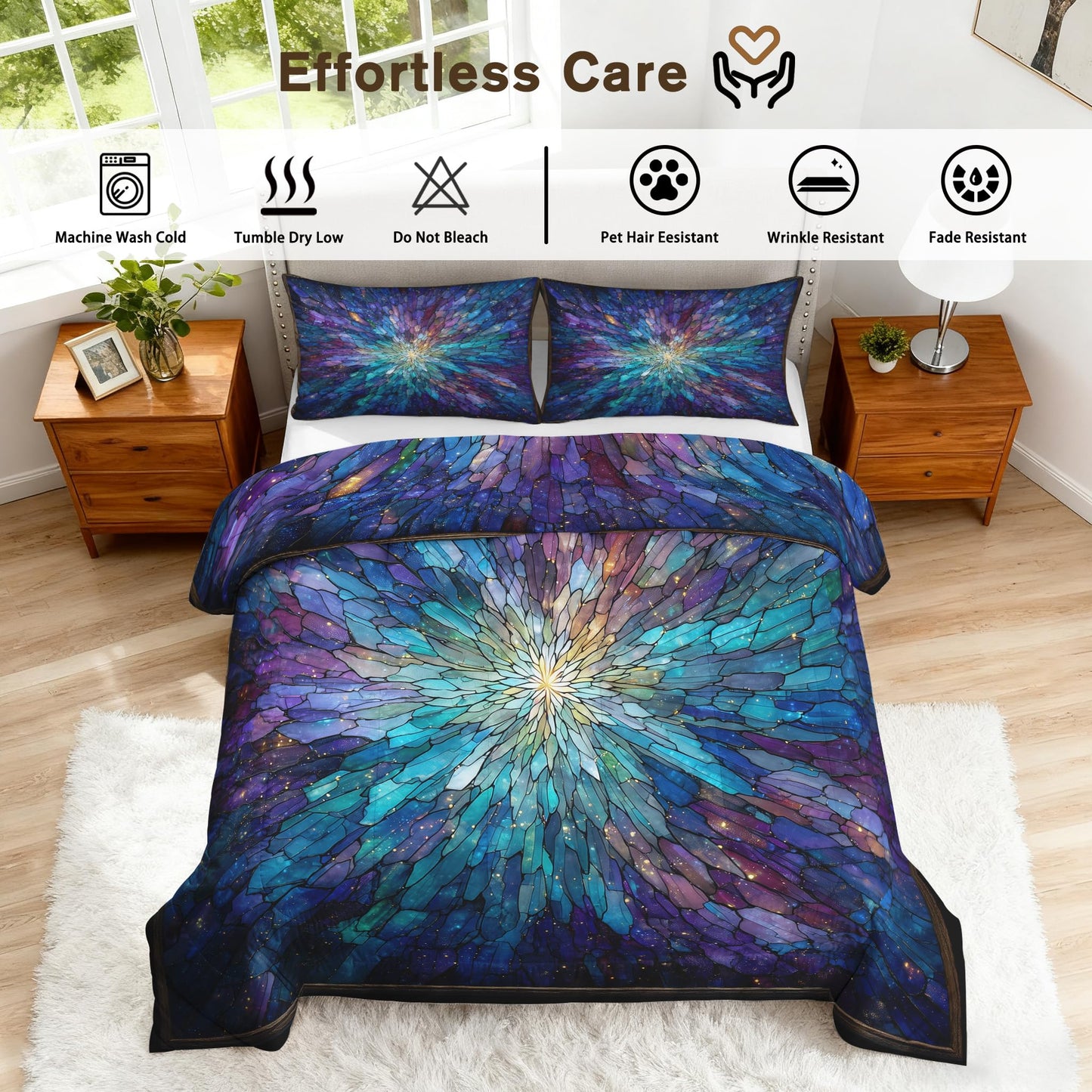 Flumoxa Stained Glass Comforter Full Size, Mandala Psychedelic Floral Comforter Down Alternative All Season Bedding, Stained Glass Bed Set Full with Pillowcase, Bedroom Decor