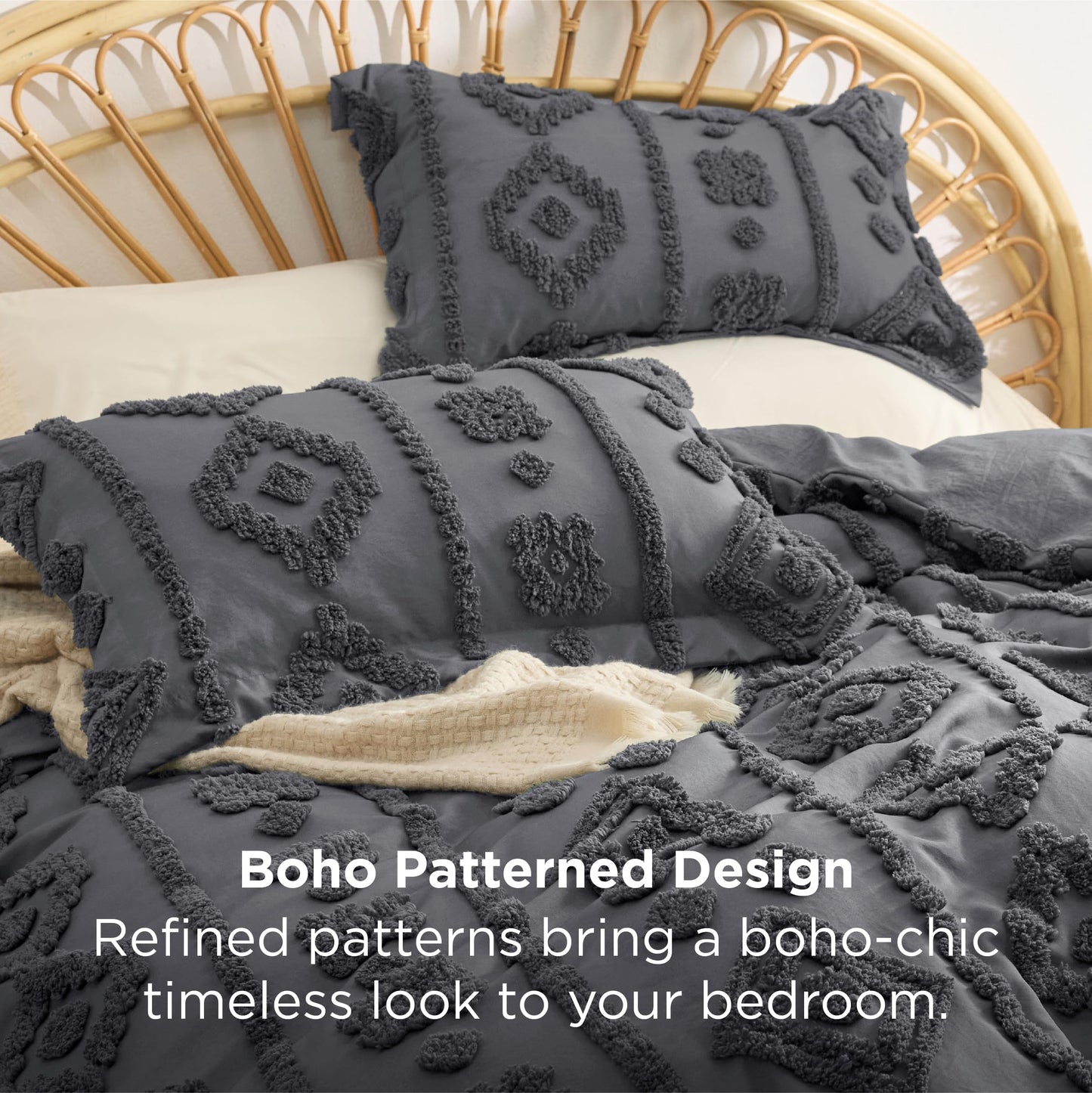 Bedsure Boho Tufted Grey Comforter King Size, GentleSoft™ 3 Pieces Boho Farmhouse-Style Decor Bedding, Exquisite Bedding for All Seasons, 1 Bed Comforter, 2 Pillow Shams, 104x90 Inches