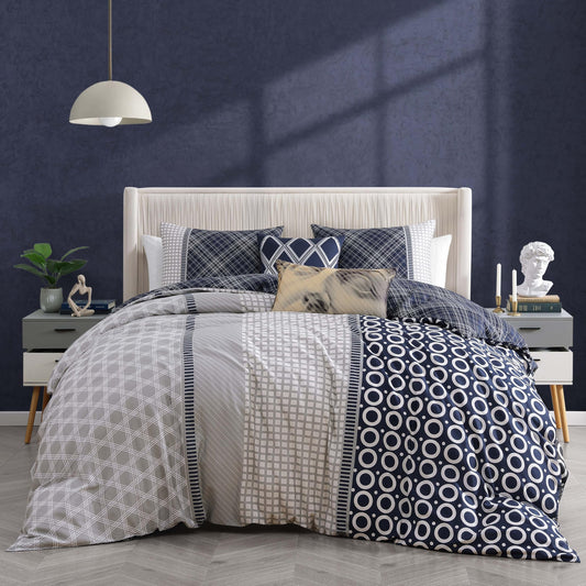 Bebejan Vertigeo 5 Piece Comforter Set, 100% Cotton Sateen, 220 Thread Count, Navy Blue, Geometric Reversible Bedding Comforter Set, 1 Comforter, 2 Shams & 2 Pillows (King/Cal King)