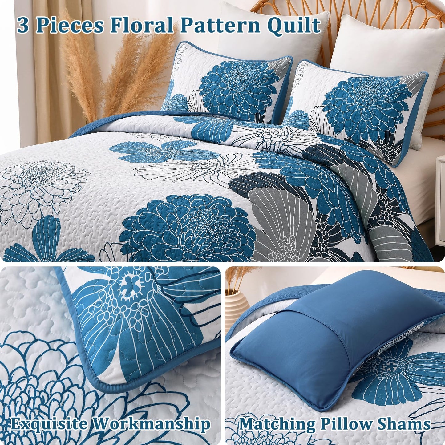 Queen Quilt Sets Blue Floral Pattern Quilt Bedding Set, 3 Pieces Botanical Quilt Bedspread Coverlet Set Soft Microfiber Bed Coverlet Bedding Set for All Season(96" x 90)