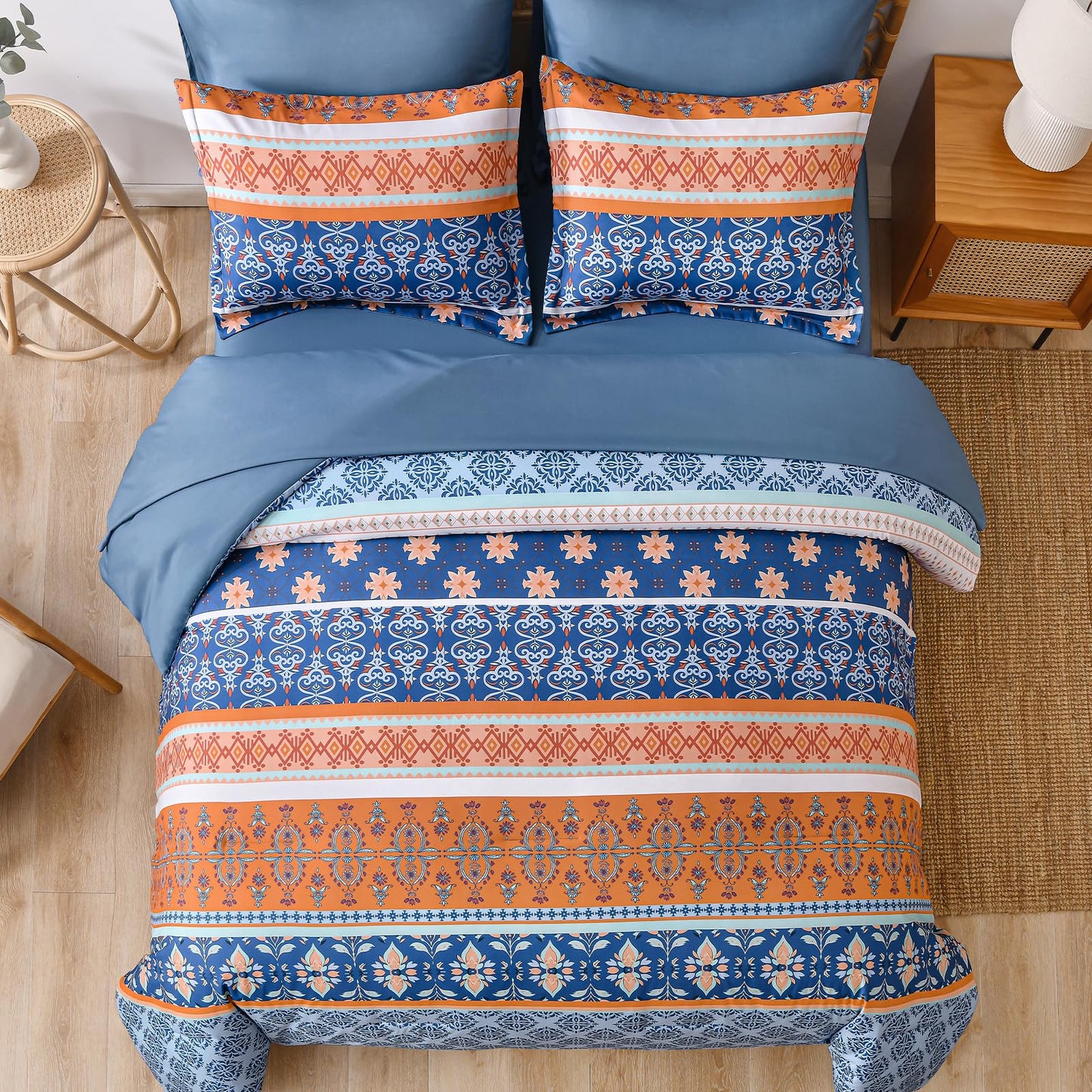 WONGS BEDDING Boho Comforter Set Queen, Blue and Orange Bedding Set 7 Pieces Bed in a Bag Bohemian Striped Bedding Comforter Sets Soft Microfiber Comfortet and Sheet Set for All Season
